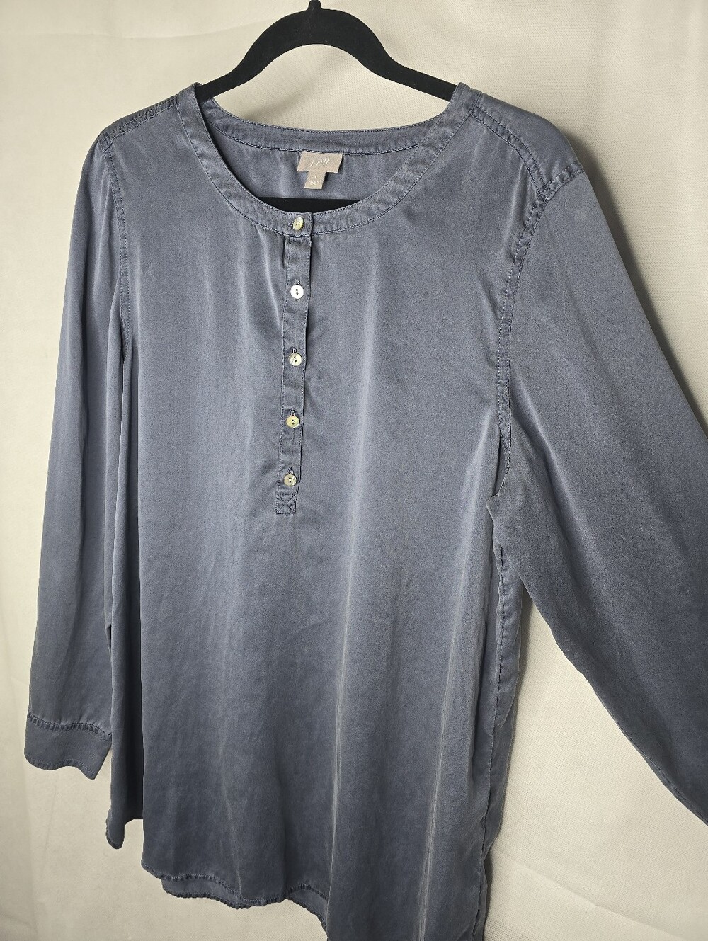 J. Jill Silk Blouse Blue Gray Partial Button Long Sleeve Popover Top Minimalist